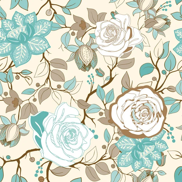 Patrón floral colorido. Papel pintado vectorial con grandes flores de ilustración. Plantas dibujadas a mano, rosas — Vector de stock