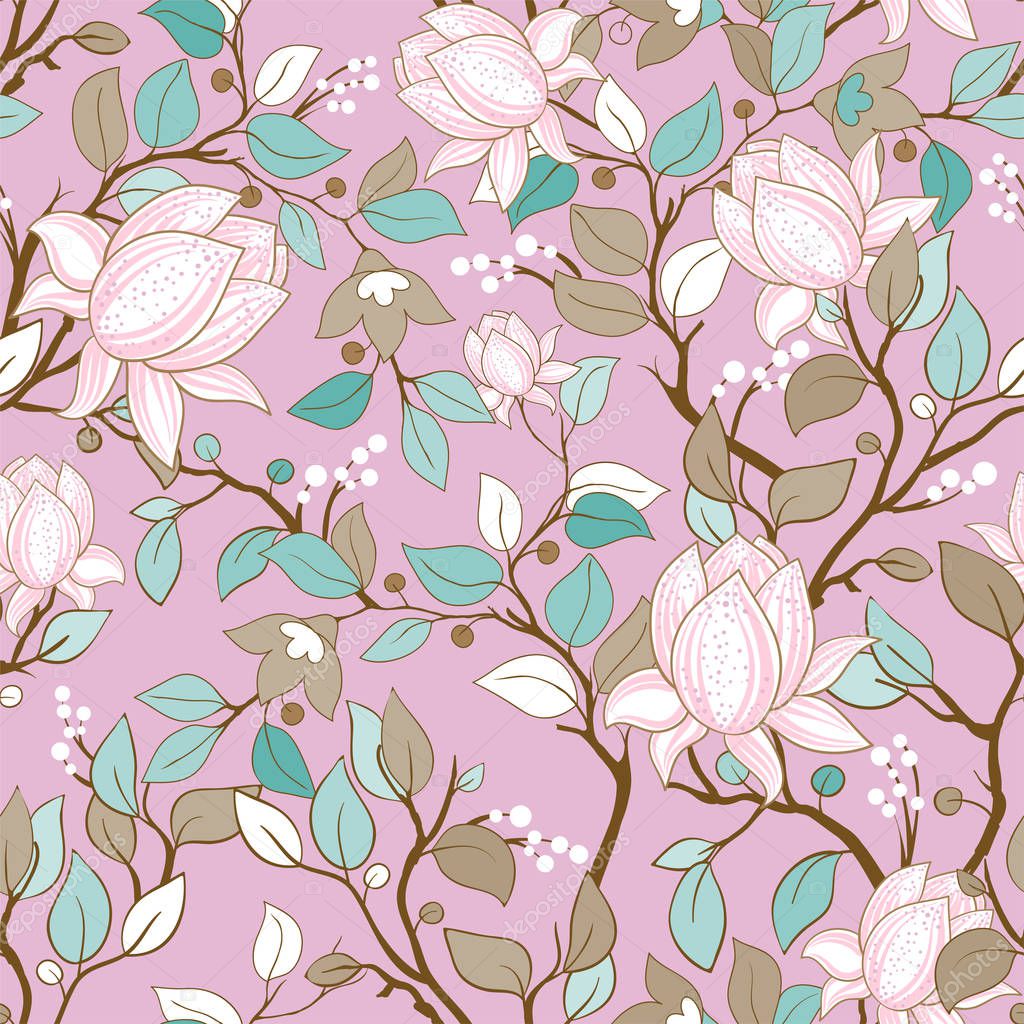 Delicate seamless pattern with large decorative magnolias. Vector floral wallpaper