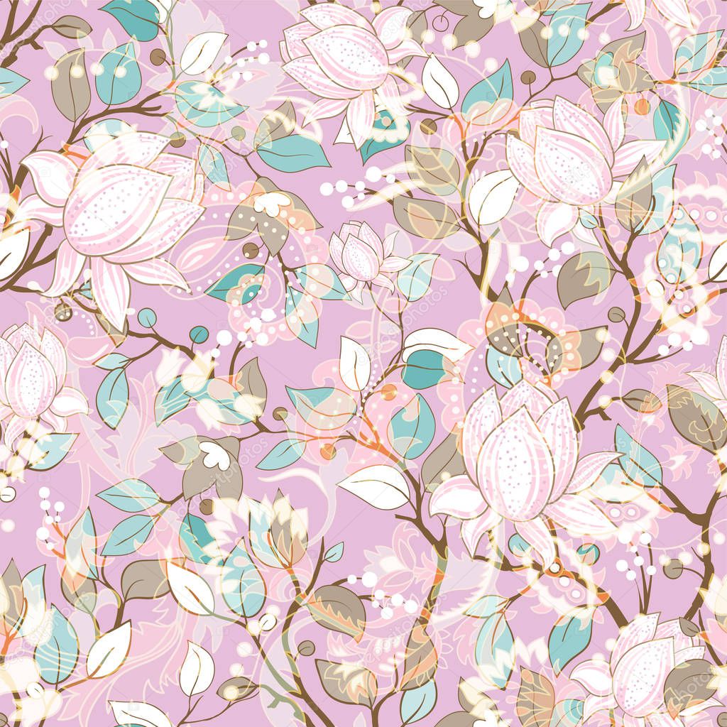Delicate seamless pattern with large decorative magnolias. Vector floral wallpaper