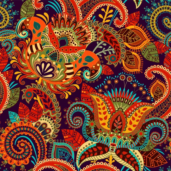 Цветной бесшовный рисунок Пейсли. Декоративный индийский орнамент. Цветочные обои — стоковый вектор