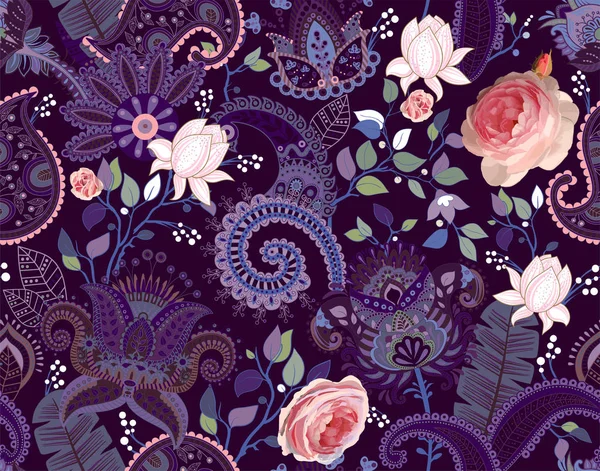 Patrón vectorial de rosas. Paisley y rosas. Fondo de pantalla floral inconsútil colorido, telón de fondo — Archivo Imágenes Vectoriales