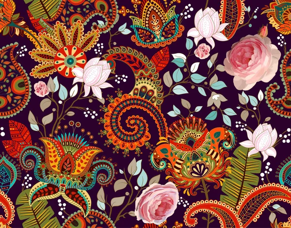 Patrón vectorial de rosas. Paisley y rosas. Fondo de pantalla floral inconsútil colorido, telón de fondo — Archivo Imágenes Vectoriales