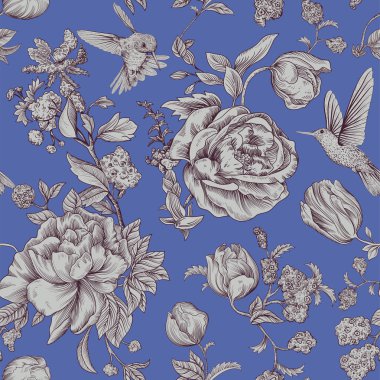 Vector vintage pattern with roses and peonies. Retro floral wallpaper, monochrome backdrop clipart