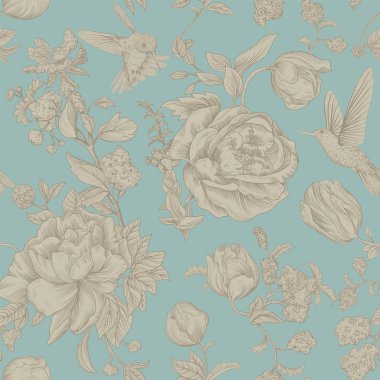 Gül ve peonies vektör vintage desen. Retro çiçek duvar kağıdı, tek renkli zemin