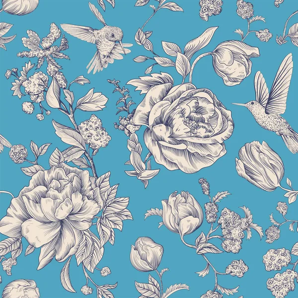 Padrão vintage vetorial com rosas e peônias. Papel de parede floral retro, pano de fundo monocromático —  Vetores de Stock