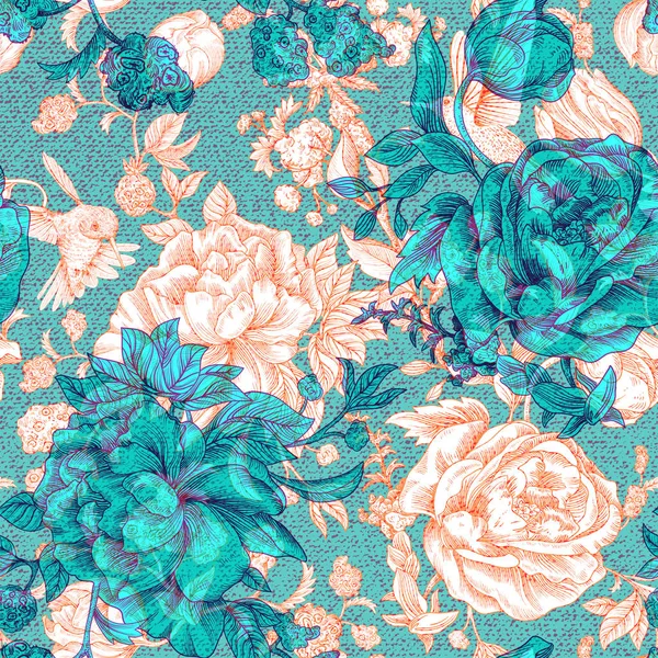 Patrón vintage vectorial con rosas y peonías. Fondo de pantalla floral retro, fondo colorido — Vector de stock