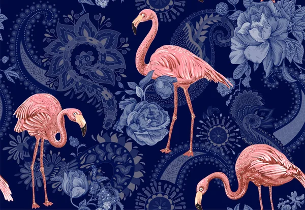 Фламинго на синем фоне, джунгли. Бесшовный узор с фламинго и тропическими растениями. Векторный клипарт. Цветной рисунок Пейсли для текстиля, обложки, оберточной бумаги, паутины — стоковый вектор