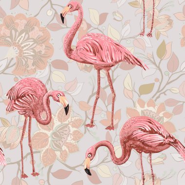 Flamingo pembe bir arka plan üzerinde. Flamingolar ve tropik bitkiler ile Seamless modeli. Vektörel clipart. Renkli Paisley desen Tekstil, kapak, ambalaj kağıdı, web için