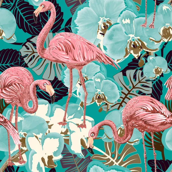 Indah vektor tak berjahit pola musim panas latar belakang dengan daun palem tropis, flamingo. Pola mulus dengan flamingo dan tanaman tropis. Klien vektor . - Stok Vektor