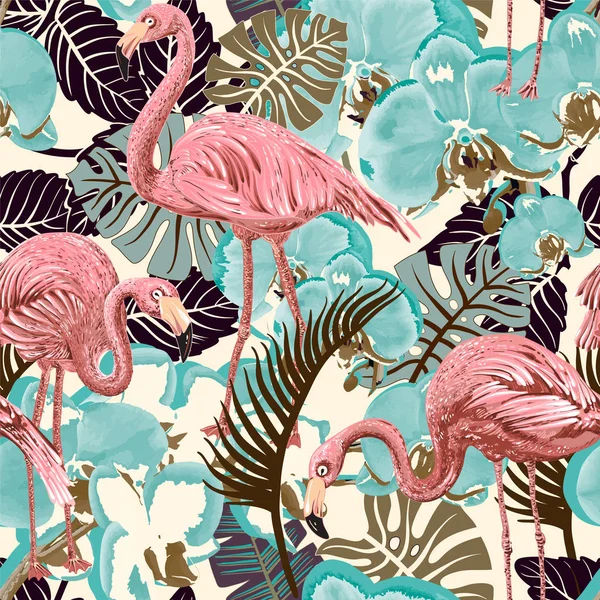 Tropikal palmiye yaprakları, flamingo ile sorunsuz vektör yeşil ve pembe çiçek desenli arka plan. Flamingolar ve tropik bitkiler ile Seamless modeli. Vektörel clipart.