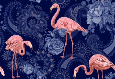 Flamingo renkli bir arka plan üzerinde. Flamingolar ve tropik bitkiler ile Seamless modeli. Tekstil, kapak, ambalaj kağıdı, web için renkli desen