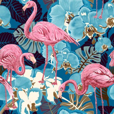 Flamingo on a colorful background. Seamless pattern with flamingos and tropical plants. Colorful pattern for textile, cover, wrapping paper, web clipart