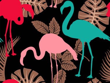 Renkli desen flamingo siluetleri ve tropikal yaprak ile. Duvar kağıdı, tekstil, kumaş, telefon kapağı için