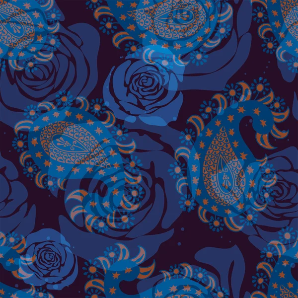 Векторный бесшовный узор с декоративными цветами. Пейсли и розы. Для текстиля, фбрика, обоев — стоковый вектор