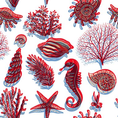 Deniz canlıları ile renkli vektör arka plan. . Vektör deniz kabuğu, yosun, mercanlar, deniz yıldızı. Telefon kapağı, tekstil, web, kartları, davetiyeleri, perdeler için duvar kağıdı