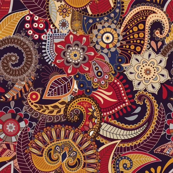 Padrão sem costura vetorial. Ornamento floral indiano. Papel de parede decorativo colorido. Paisley e plantas. Ilustração vetorial para teia, têxtil, tecido, capa, impressão, convite —  Vetores de Stock