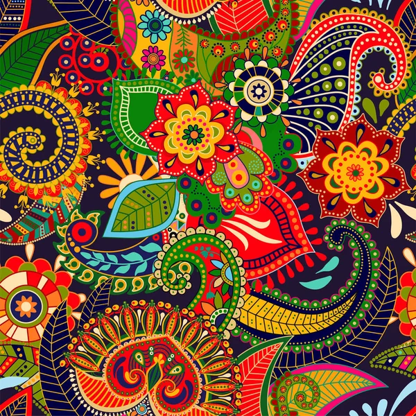 Vector naadloze patroon. Indiase floral sieraad. Kleurrijke decoratieve achtergrond. Paisley en planten. Vectorillustratie voor het web, textiel, weefsel, cover, afdrukken, uitnodiging — Stockvector