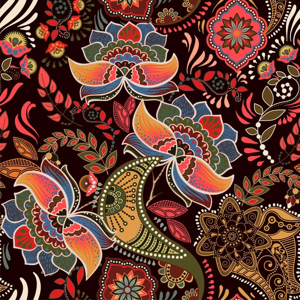 Векторный бесшовный шаблон. Индийский цветочный орнамент. Красочные декоративные обои. Пейсли и растения. Векторная иллюстрация для паутины, текстиля, ткани, обложки, печати, приглашения — стоковый вектор