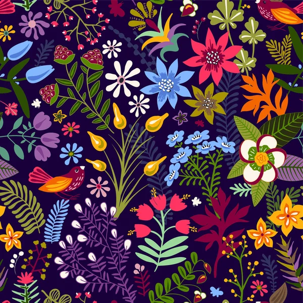 Patrón floral sin costura vectorial. Papel pintado colorido witn flores, animales, pájaros. Ilustración vectorial dibujada a mano para tela, papel de envolver, textil, tela, cubierta del teléfono — Archivo Imágenes Vectoriales