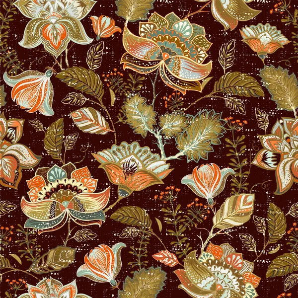 ベクターのシームレスなパターン。インドの花飾り。カラフルな装飾的な壁紙。ペーズリーおよび植物。Web、テキスタイル、ファブリック、カバー、印刷、招待状のベクトル図 — ストックベクタ