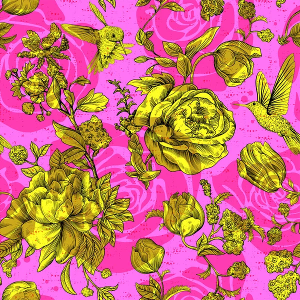 Vektor Vintage Muster mit Rosen und Pfingstrosen. Retro-Blumentapete, farbenfroher Hintergrund — Stockvektor