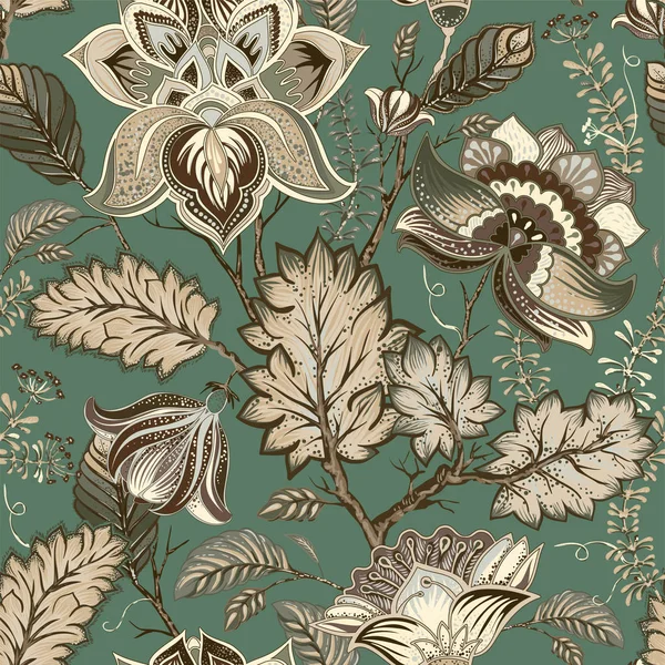 Vector vintage bloemmotief, Provence stijl. Grote gestileerde bloemen op een groene achtergrond. Ontwerpen voor web, briefkaart, inpakpapier, behang, textiel, weefsel — Stockvector