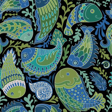 El Paisley balık ile seamless modeli çekilmiş. Stilize balıkları Hint dekoratif öğeler sever. Dizayn Tekstil, kapak, kartpostal, davet için