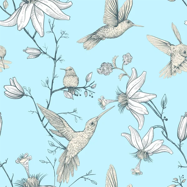 Векторный рисунок с птицами и цветами. Монохромный цветочный дизайн для паутины, оберточной бумаги, обложки для телефона, текстиля, одежды, открыток — стоковый вектор