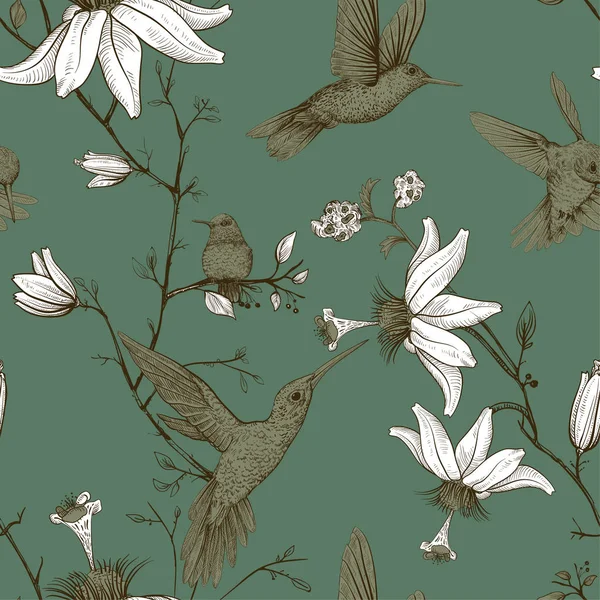 새와 꽃 벡터 스케치 패턴입니다. 웹, 포장 종이, 전화 커버, 섬유, 직물, 엽서에 흑백 꽃 디자인 — 스톡 벡터