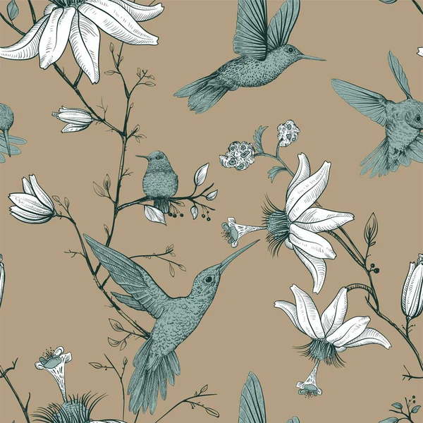 Pola vektor sketsa dengan burung dan bunga. Desain bunga monokrom untuk web, kertas pembungkus, penutup telepon, tekstil, kain, kartu pos - Stok Vektor