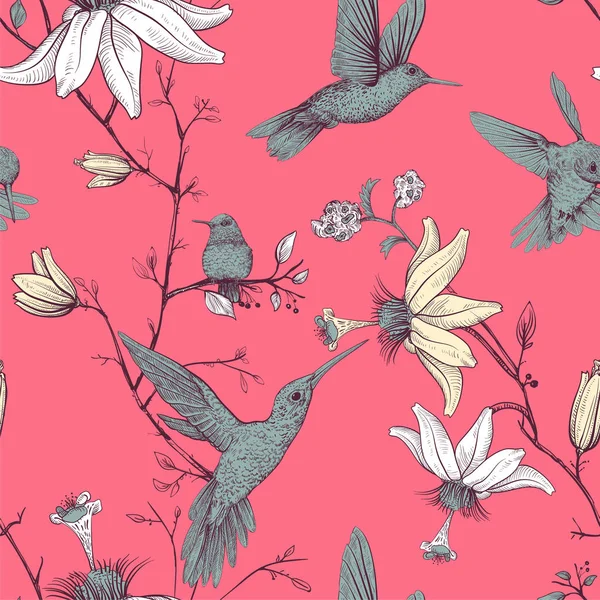 Vector skiss mönster med fåglar och blommor. Monokrom blomma design för webben, inslagning skal, tyg, textil, papper, vykort — Stock vektor