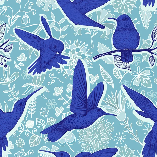 Vektor skicou s kolibříci a květiny. Barevný design pro web, balicí papír, pouzdra, textilní tkaniny — Stockový vektor