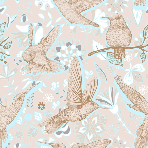 Pola sketsa vektor dengan Hummingbird dan bunga. Desain warna untuk web, kertas pembungkus, penutup telepon, tekstil, kain - Stok Vektor