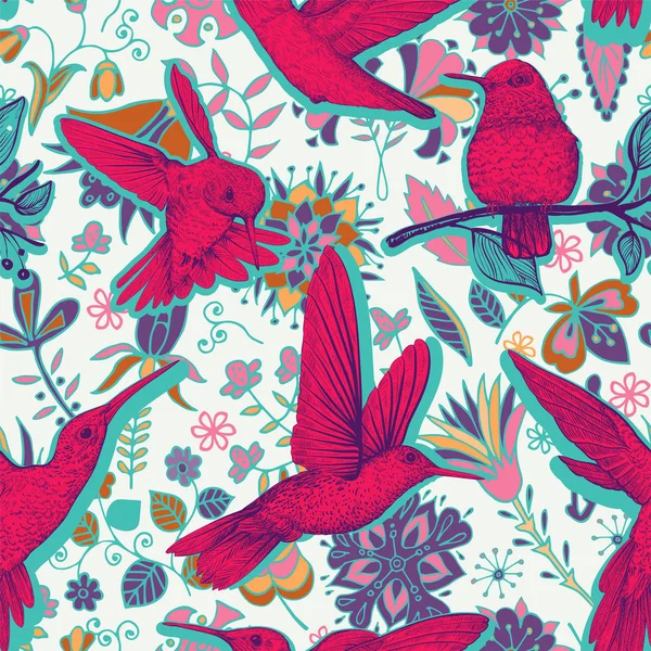 Padrão de esboço vetorial com beija-flores e flores. Design colorido para web, papel de embrulho, capa de telefone, têxtil, tecido —  Vetores de Stock