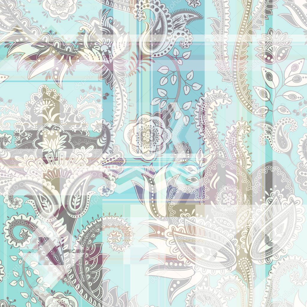 Colorful abstract seamless pattern with paisley and geometric elements. Vector wallpaper with squares and zigzags. Design for fabric, textile