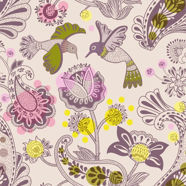 Stylizovaných květin a ptáků bezešvé vzor. Barevné ozdobné přírodní tapetu. Cute květinové pozadí. Tažené květiny a rostliny pozadí. Návrh pro textil, tkaniny, balicí papír, kryt, koberec — Stockový vektor