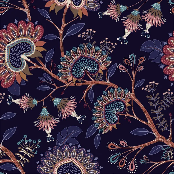 Fondo de pantalla colorido con paisley y plantas decorativas. Vector batik floral indonesio. Fondo indio decorativo vectorial. Flores estilizadas y formas en el fondo oscuro. Diseño para tela, alfombra — Vector de stock