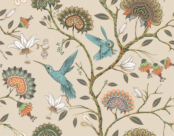 양식에 일치시키는 꽃과 새와 벡터 원활한 패턴. 벌새와 식물꽃 정원. 밝은 꽃 벽지입니다. 직물, 직물, 벽지, 덮개, 포장지에 대한 디자인. — 스톡 벡터