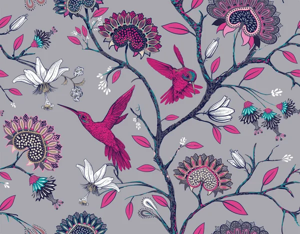 Modèle vectoriel sans couture avec des fleurs et des oiseaux stylisés. Jardin fleuri avec des colibris et des plantes. Papier peint floral léger. Conception pour tissu, textile, papier peint, couverture, papier d'emballage . — Image vectorielle