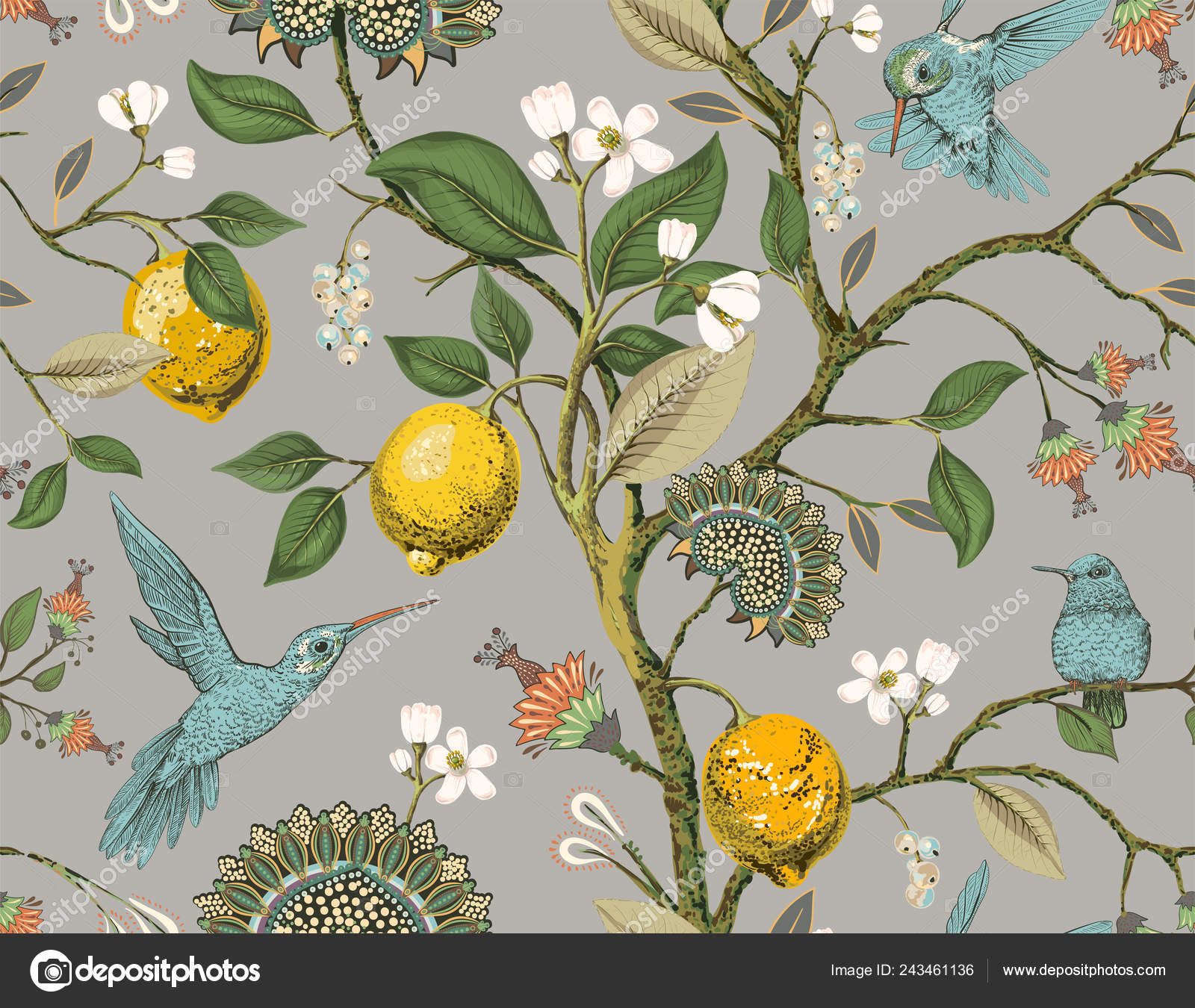 花のベクトルのシームレスなパターン 植物の壁紙 植物 鳥花背景 自然のヴィンテージ壁紙を描かれています レモン 花 ハチドリの庭に咲きます 布 繊維 紙のデザイン ストックベクター C Sunny Lion