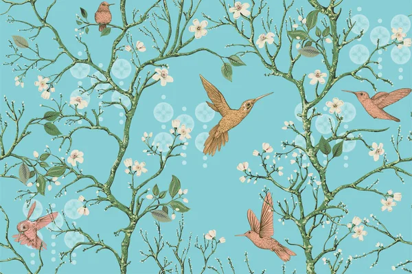 Vector colorful pattern with birds and flowers. Hummingbirds and flowers, retro style, floral backdrop. Spring, summer flower design for web, wrapping paper, cover, textile, fabric, wallpaper — Stock Vector