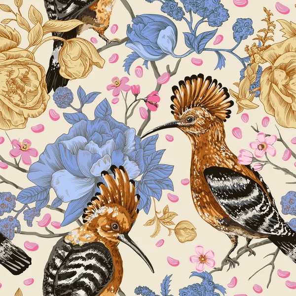 Vector colorful pattern with birds and flowers. Hoopoes and flowers, retro style, floral backdrop. Spring, summer flower design for web, wrapping paper, cover, textile, fabric, wallpaper, web