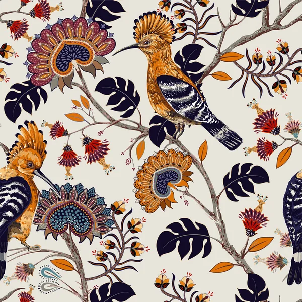 Vector färgglada mönster med fåglar och blommor. Härfåglar och blommor, retrostil, blommig bakgrund. Vår, sommar blomma design för webben, inslagning papper, omslag, textil, tyg, tapet — Stock vektor