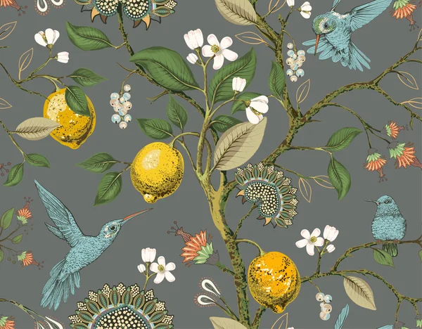 Pola vektor Floral mulus. Wallpaper botani. Tanaman, bunga burung latar belakang. Gambar wallpaper vintage alam. Lemon, bunga, kolibri, taman mekar. Desain untuk kain, tekstil - Stok Vektor