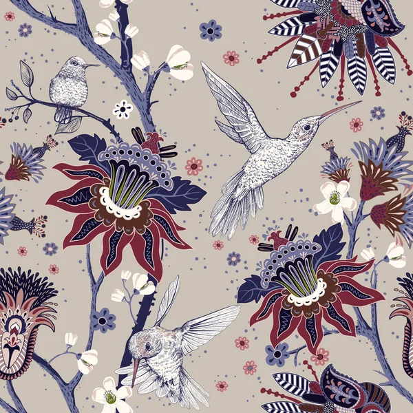 Jacobean seamless pattern. Flowers background, decorative style. Stylized climbing flowers. Decorative ornament backdrop for fabric, textile, wrapping paper, card, invitation, wallpaper, web