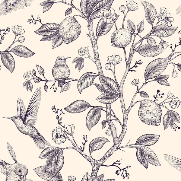 Vektor skicou s ptáčky a kytičky. Kolibříci a květiny, retro styl, přírodní pozadí. Vintage černobílý květinový design pro balicí papír, kryt, textil, tkaniny, tapety — Stockový vektor