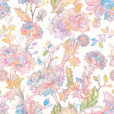 Jacobean seamless modeli. Çiçekler arka plan, etnik tarzı. Stilize çiçek tırmanma. Kumaş, tekstil, ambalaj kağıt, kart, davet, duvar kağıdı, web tasarım için Dekoratif süsleme zemin