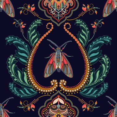 Dekoratif elemanları ve böcekler ile geometrik dikişsiz desen. Renkli süs arka plan, vektör clipart. Arap geometrik duvar kağıdı. Tasarım kumaş, tekstil, kapak, ambalaj kağıdı