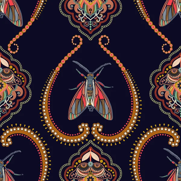 Patrón geométrico sin costura con elementos decorativos e insectos. Fondo colorido del ornamento, clipart del vector. Fondo de pantalla geométrico árabe. Tela de diseño, textil, cubierta, papel de embalaje — Archivo Imágenes Vectoriales