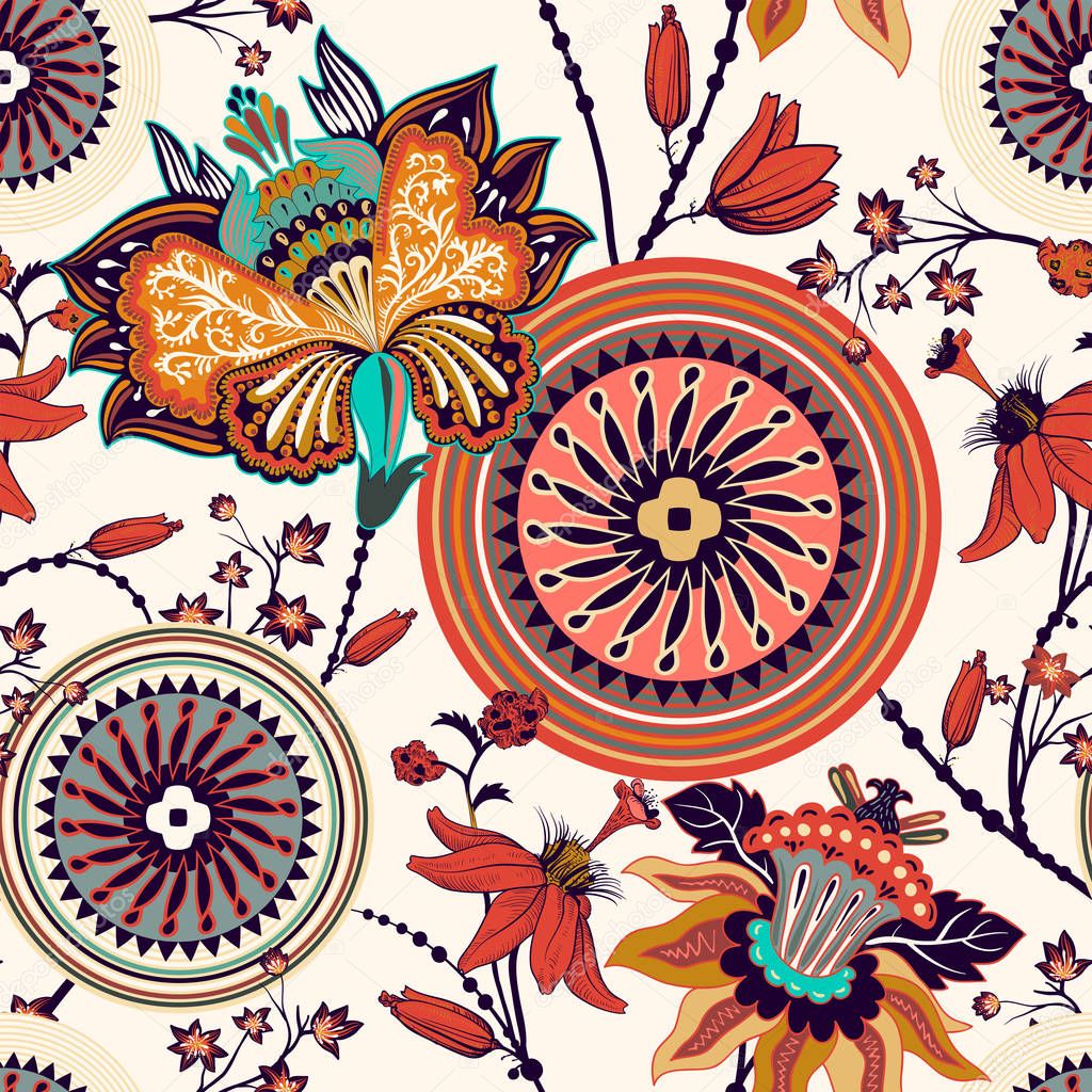 Colorful floral decorative pattern for textile, cover, wallpaper, fabric. Ethnic vector background with geometric elements. Indian decorative backdrop. Vector illustration, abstract batik indonesia